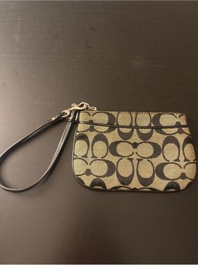 Coach Signature Canvas Wristlet in Black and Tan